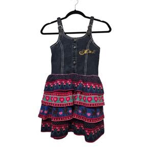 Mim Pi Denim Jumper Overall Dress Girls 128 8 Yrs Ruffled Knit Skirt Colorful